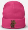 i love petro glyphs leatherette patch on pink beanie